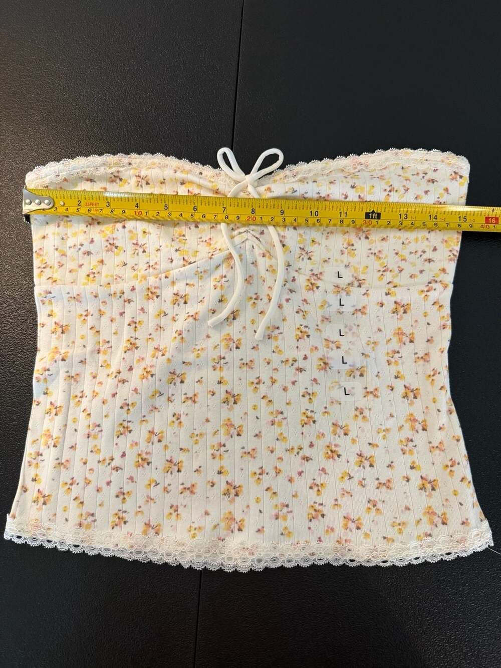 Just Polly New York Floral Print Ribbed Bandeau Top with Front Tie and Lace Trim - Picture 4 of 6